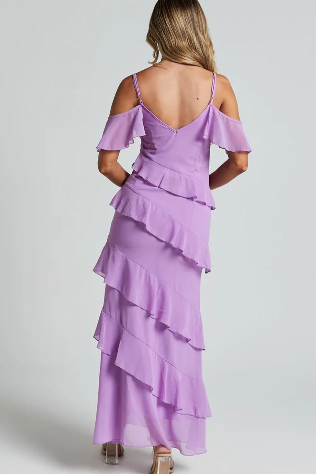 Celaya Maxi Dress 8211 Strappy V Neck Off Shoulder Tiered Frill Detail In Lilac Women Showpo Dresses