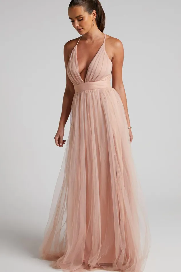 Celebrate Tonight Maxi Dress 8211 Plunge Neck Tulle Dress In Blush Women Showpo Dresses