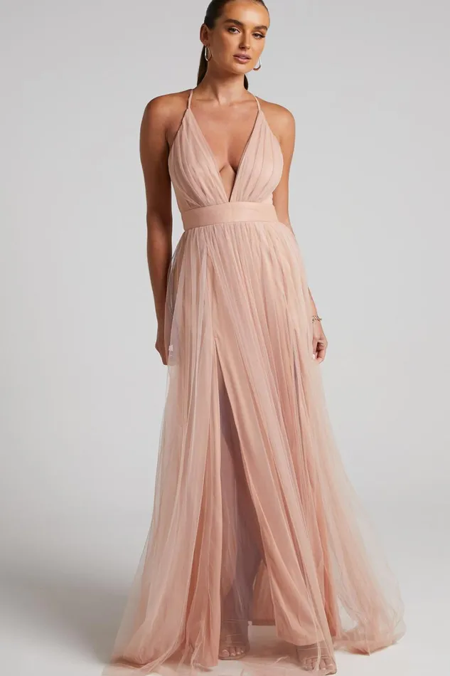 Celebrate Tonight Maxi Dress 8211 Plunge Neck Tulle Dress In Blush Women Showpo Dresses