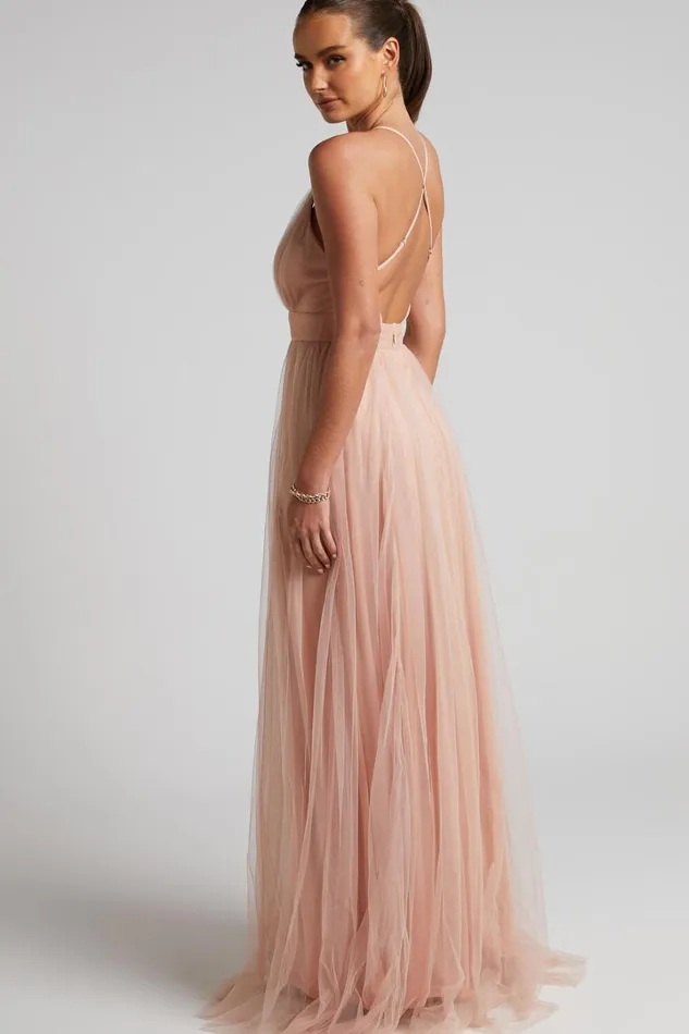 Celebrate Tonight Maxi Dress 8211 Plunge Neck Tulle Dress In Blush Women Showpo Dresses