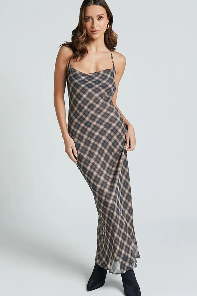 Celeste Midi Dress 8211 Strappy Cowl Neck Slip Dress In Multi Check Women Showpo Dresses
