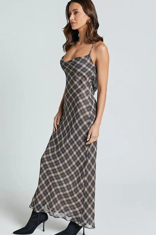 Celeste Midi Dress 8211 Strappy Cowl Neck Slip Dress In Multi Check Women Showpo Dresses