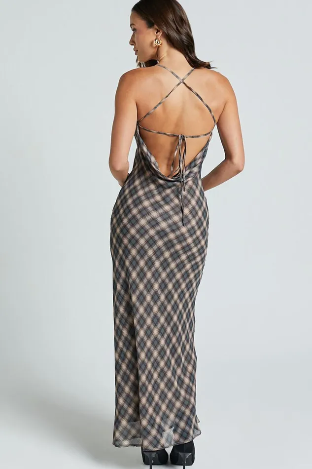 Celeste Midi Dress 8211 Strappy Cowl Neck Slip Dress In Multi Check Women Showpo Dresses