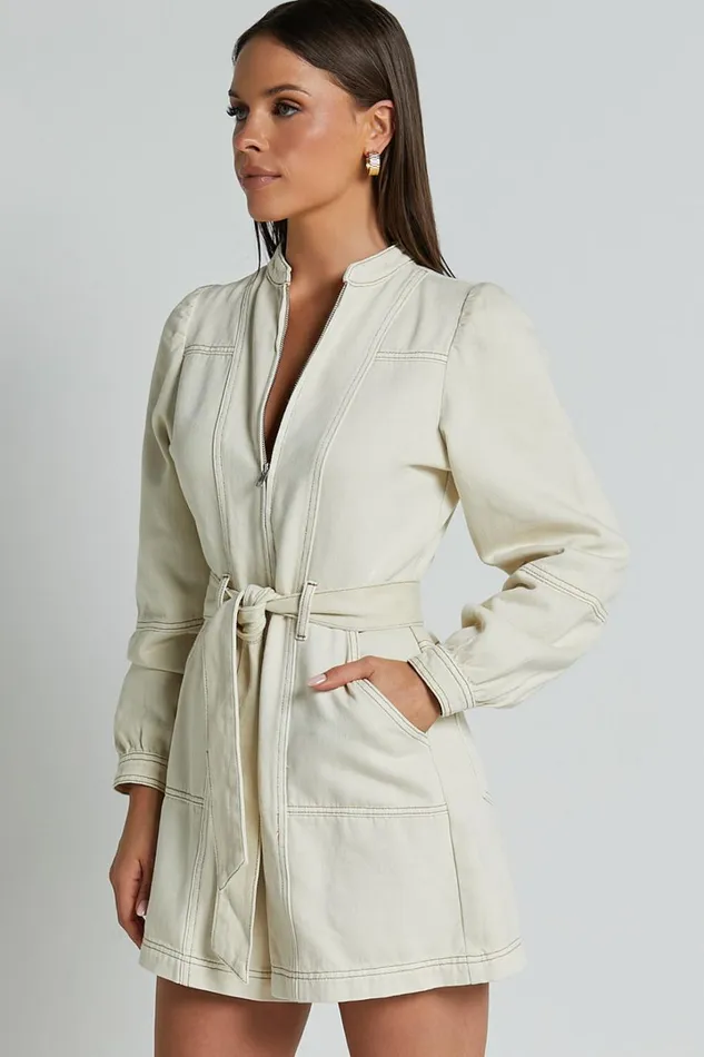 Cenna Playsuit 8211 Zip Front Long Sleeve Denim Playsuit In Ecru Wash Women Showpo Rompers