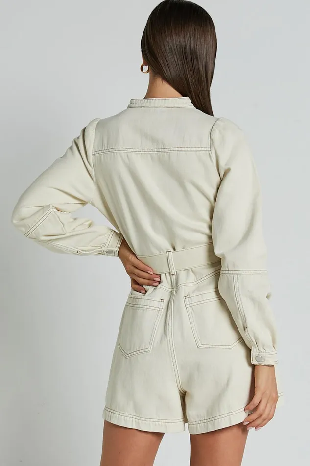 Cenna Playsuit 8211 Zip Front Long Sleeve Denim Playsuit In Ecru Wash Women Showpo Rompers