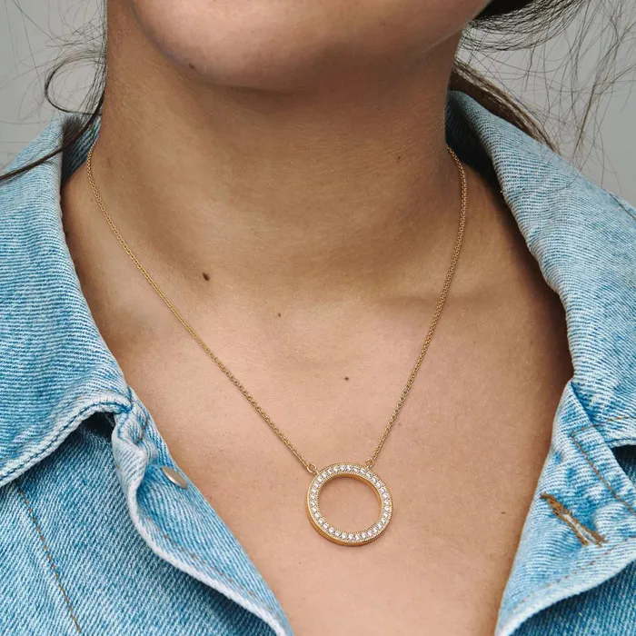 Chain Necklaces Women Pandora Online Signature Pav and Hearts Circle Pendant Necklace