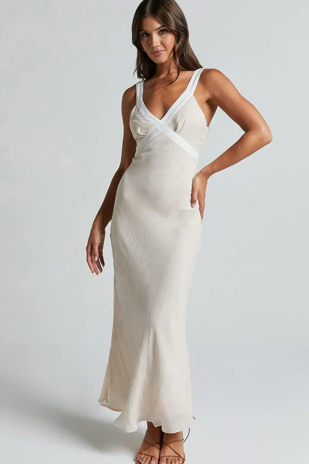 Chakyra Midi Dress 8211 Contrast Strap Bias Cut Column Dress In Beige With White Contrast Women Showpo Dresses