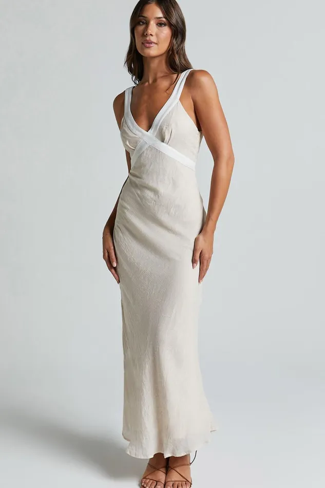 Chakyra Midi Dress 8211 Contrast Strap Bias Cut Column Dress In Beige With White Contrast Women Showpo Dresses