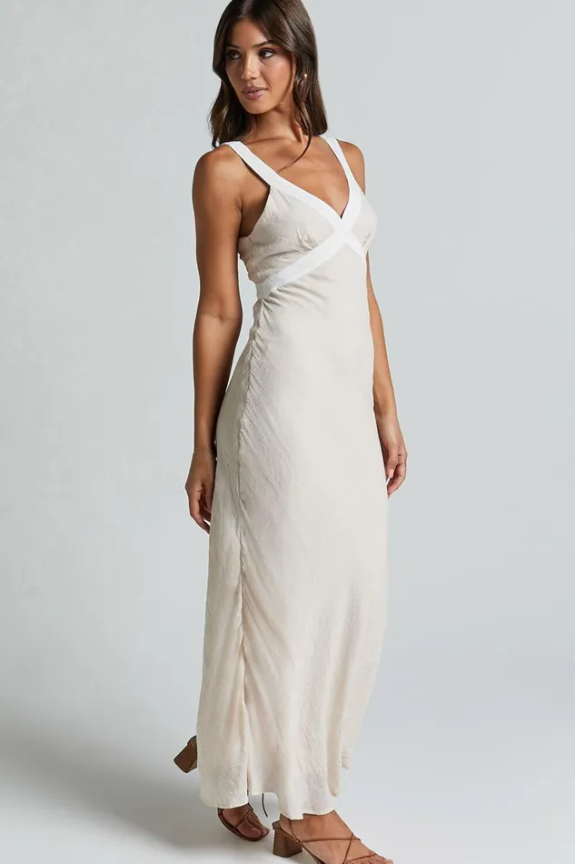 Chakyra Midi Dress 8211 Contrast Strap Bias Cut Column Dress In Beige With White Contrast Women Showpo Dresses