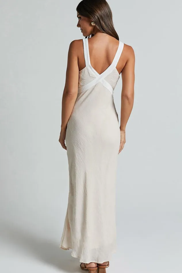 Chakyra Midi Dress 8211 Contrast Strap Bias Cut Column Dress In Beige With White Contrast Women Showpo Dresses