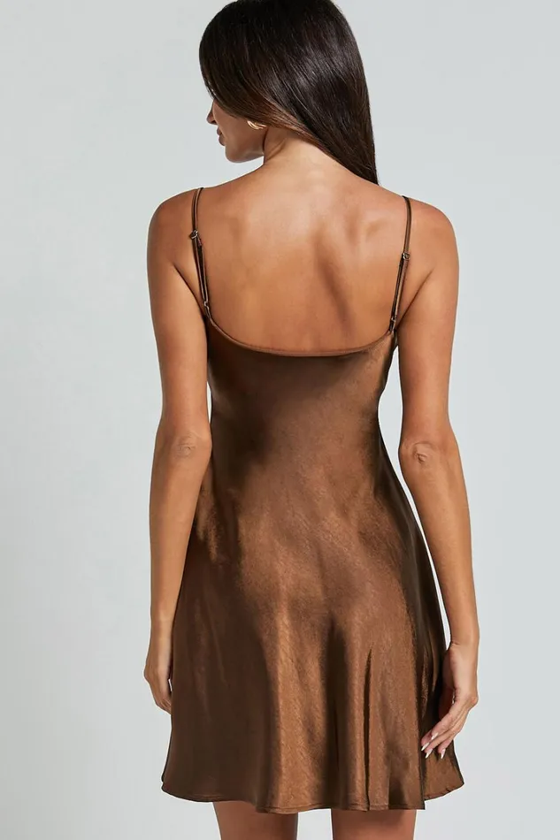 Chanaye Mini Dress 8211 Ruched Bust Satin Cami Dress In Chocolate Women Showpo Dresses