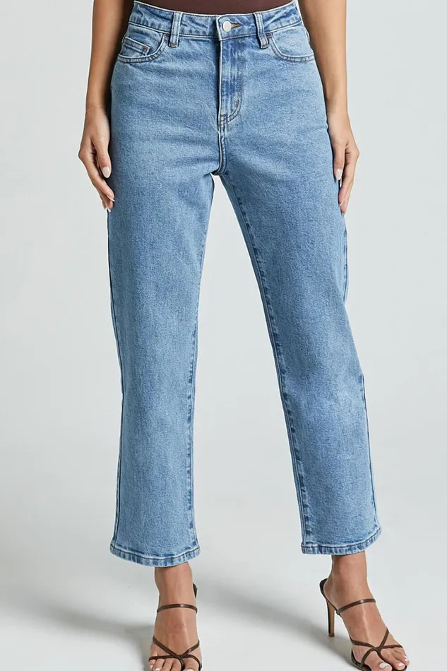 Chandler Jeans 8211 High Waisted Crop Straight Jeans In Mid Blue Wash Women Showpo Jeans