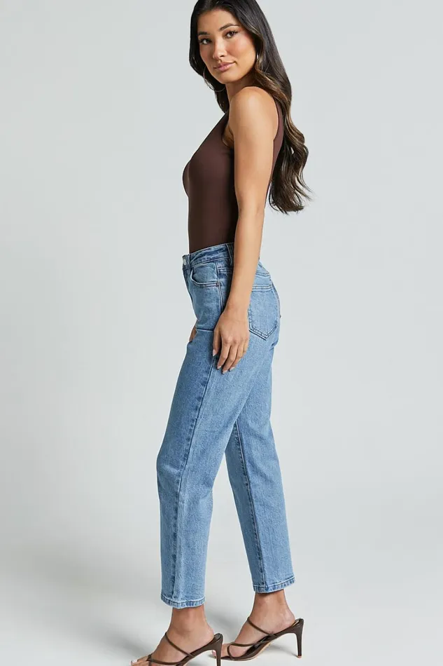 Chandler Jeans 8211 High Waisted Crop Straight Jeans In Mid Blue Wash Women Showpo Jeans