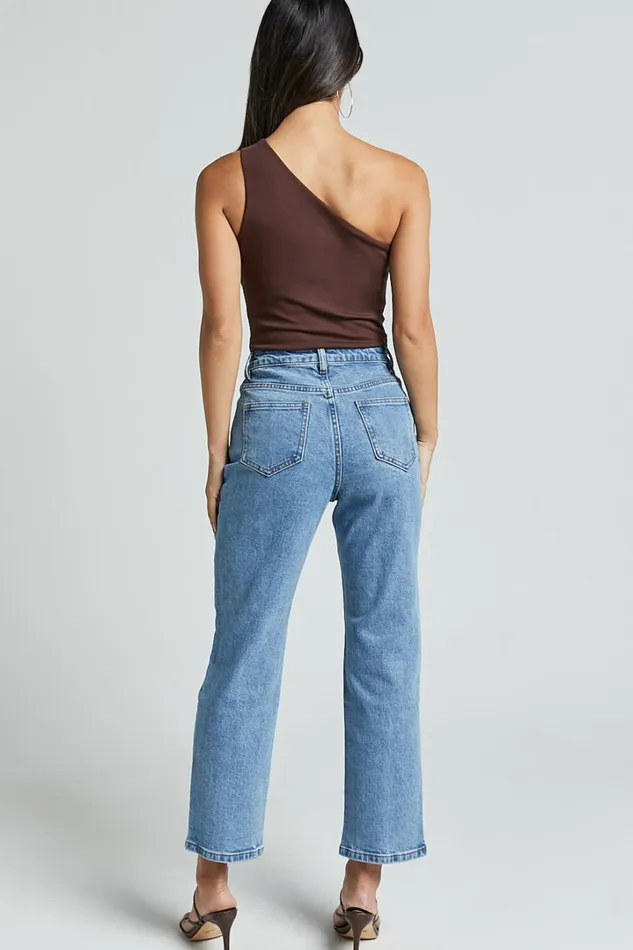 Chandler Jeans 8211 High Waisted Crop Straight Jeans In Mid Blue Wash Women Showpo Jeans