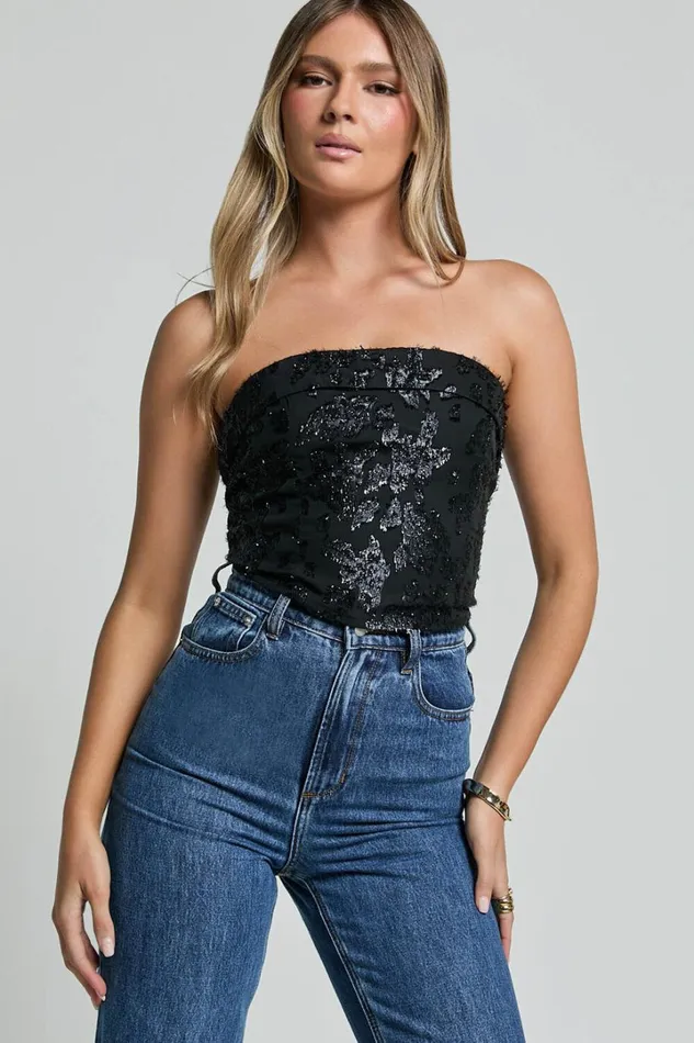 Chantelle Top 8211 Strapless Jacquard Crop Top In Black Women Showpo Tops