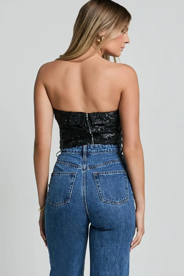 Chantelle Top 8211 Strapless Jacquard Crop Top In Black Women Showpo Tops