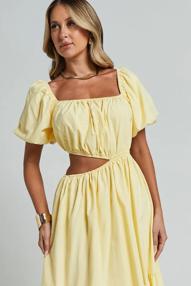Chantrell Midi Dress 8211 Puff Sleeve Dress In Lemon Women Showpo Dresses