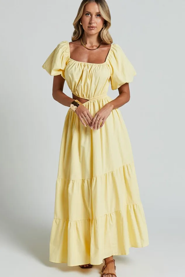 Chantrell Midi Dress 8211 Puff Sleeve Dress In Lemon Women Showpo Dresses