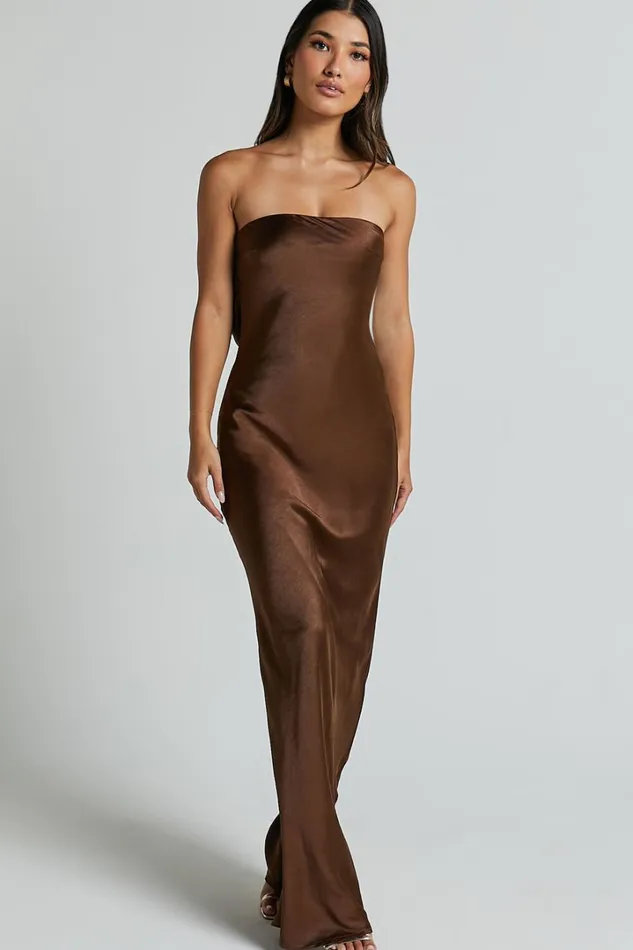 Charlita Maxi Dress 8211 Strapless Cowl Back Satin Dress In Chocolate Women Showpo Curve Clothes
