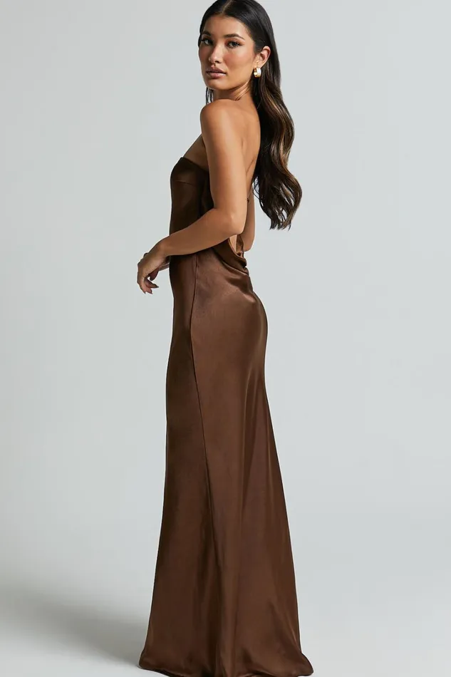 Charlita Maxi Dress 8211 Strapless Cowl Back Satin Dress In Chocolate Women Showpo Curve Clothes