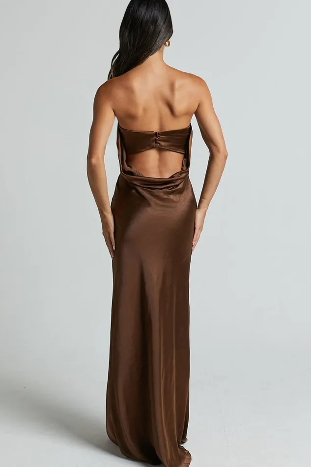 Charlita Maxi Dress 8211 Strapless Cowl Back Satin Dress In Chocolate Women Showpo Curve Clothes