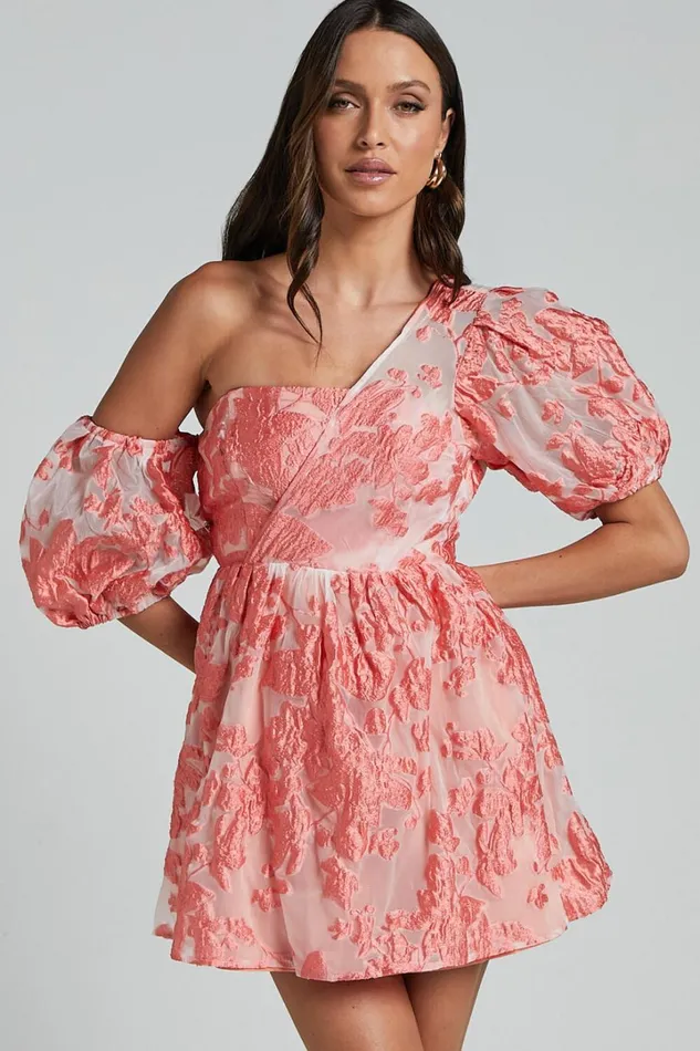 Charrie Mini Dress 8211 One Shoulder Puff Sleeve Dress In Peach Jacquard Women Showpo Dresses Charrie Mini Dress 8211 One Shoulder Puff Sleeve Dress In Peach Jacquard Women Showpo Dresses