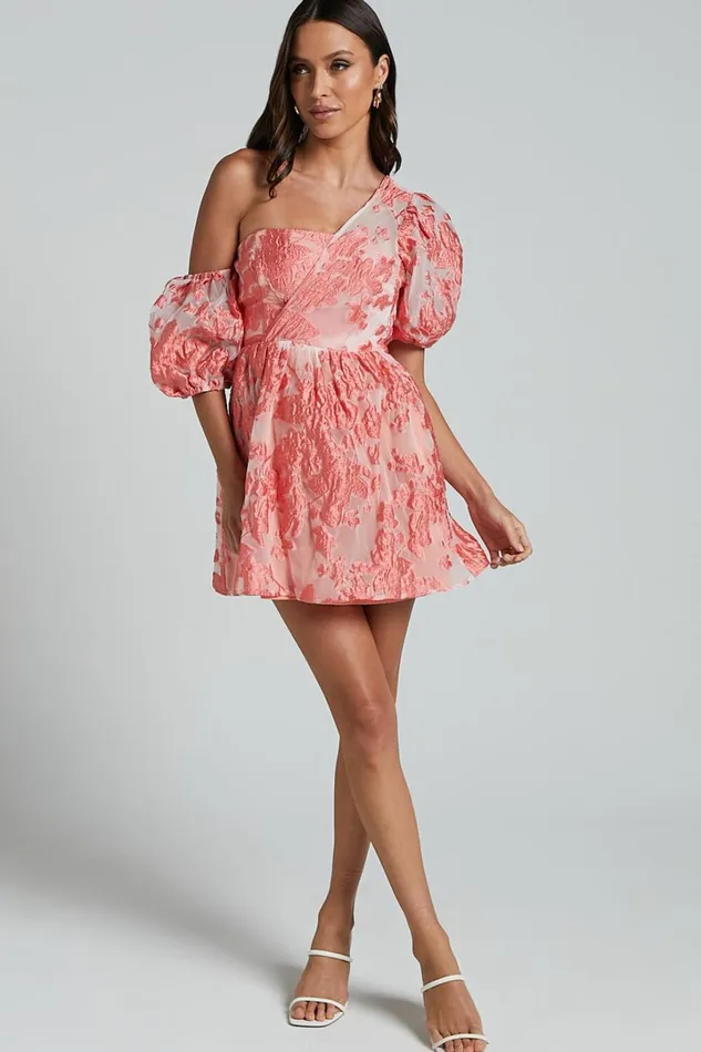 Charrie Mini Dress 8211 One Shoulder Puff Sleeve Dress In Peach Jacquard Women Showpo Dresses