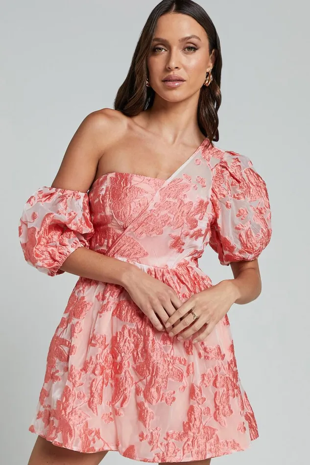 Charrie Mini Dress 8211 One Shoulder Puff Sleeve Dress In Peach Jacquard Women Showpo Dresses