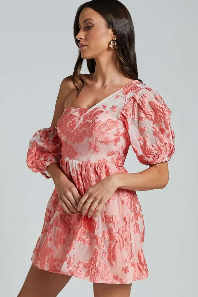 Charrie Mini Dress 8211 One Shoulder Puff Sleeve Dress In Peach Jacquard Women Showpo Dresses