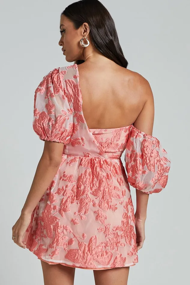 Charrie Mini Dress 8211 One Shoulder Puff Sleeve Dress In Peach Jacquard Women Showpo Dresses