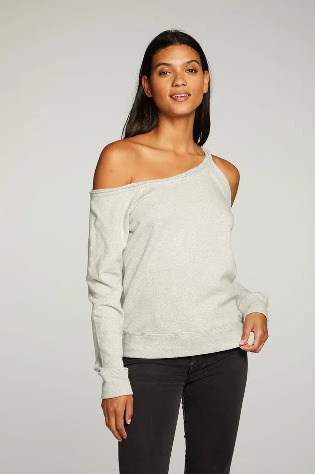 Chaser Brand Cotton Fleece Vented Off Shoulder Long Sleeve Raglan Pullover Womens Loungewear