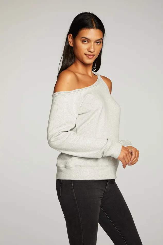 Chaser Brand Cotton Fleece Vented Off Shoulder Long Sleeve Raglan Pullover Womens Loungewear