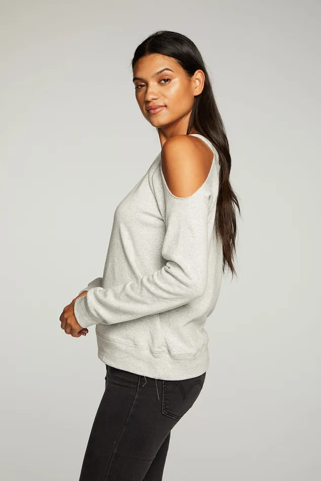 Chaser Brand Cotton Fleece Vented Off Shoulder Long Sleeve Raglan Pullover Womens Loungewear