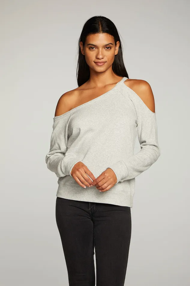 Chaser Brand Cotton Fleece Vented Off Shoulder Long Sleeve Raglan Pullover Womens Loungewear