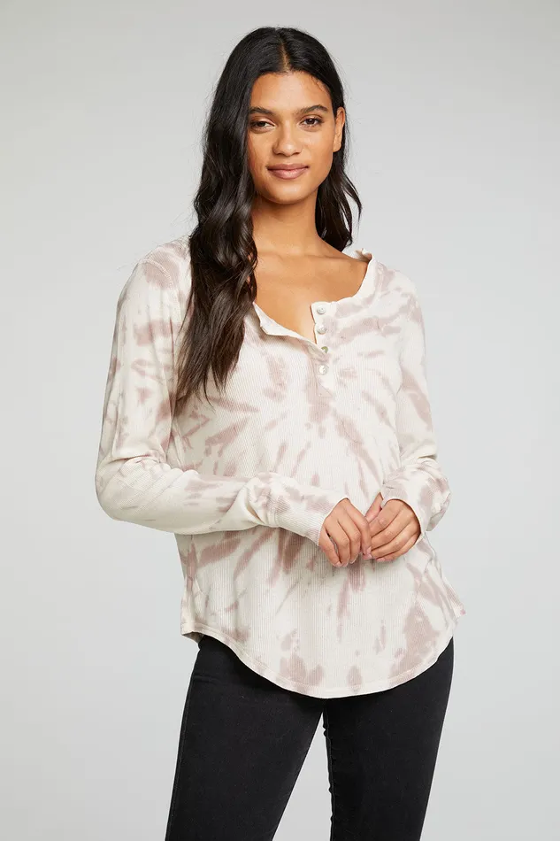 Chaser Brand Heritage Waffle Long Sleeve Shirttail Henley with Thumbholes Womens Tops