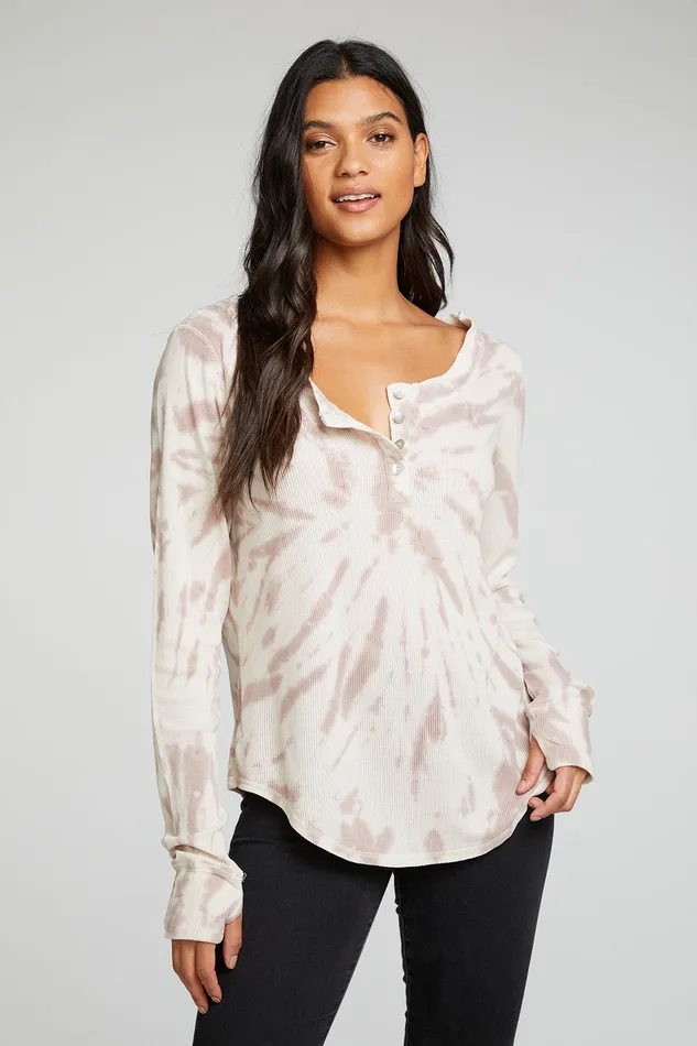 Chaser Brand Heritage Waffle Long Sleeve Shirttail Henley with Thumbholes Womens Tops