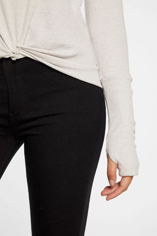 Chaser Brand Linen Rib Knot Front Long Sleeve Thumbhole Cuff Tee in Silver Fox Grey Womens Loungewear