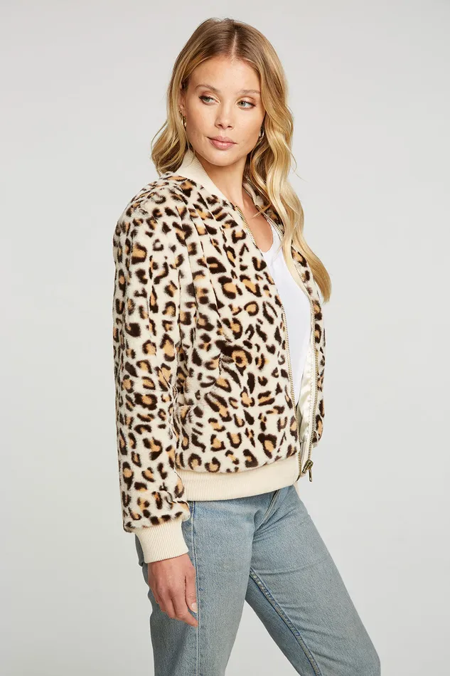 Chaser Brand Outerwear Womens Animal Faux Fur Long Sleeve Bomber Jacket