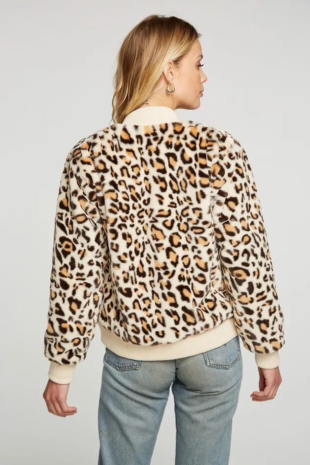 Chaser Brand Outerwear Womens Animal Faux Fur Long Sleeve Bomber Jacket