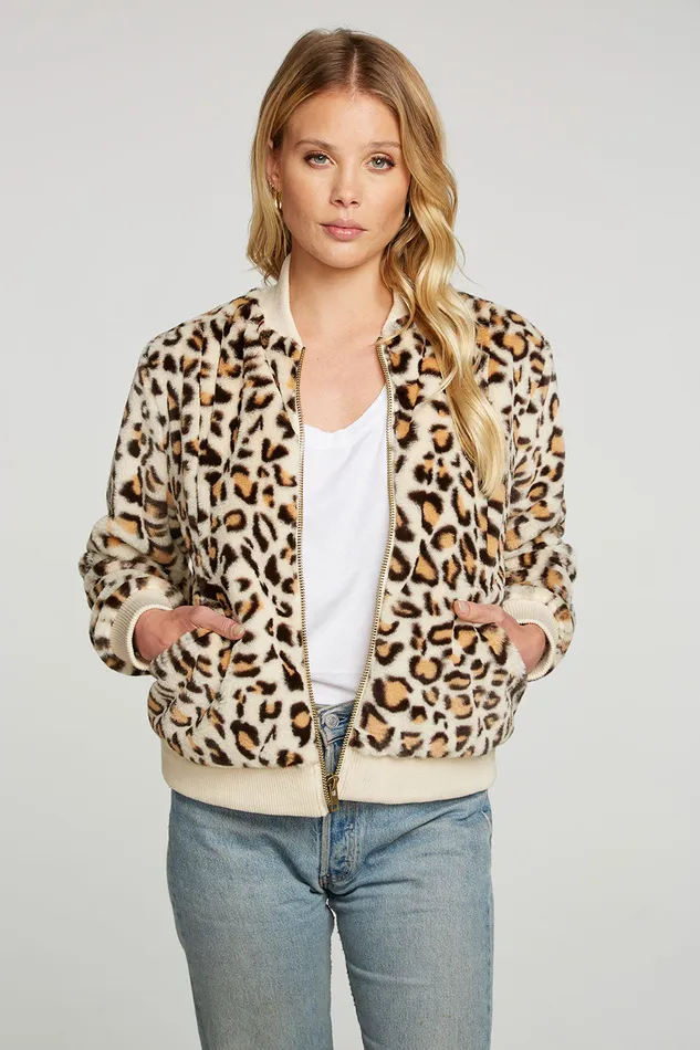 Chaser Brand Outerwear Womens Animal Faux Fur Long Sleeve Bomber Jacket