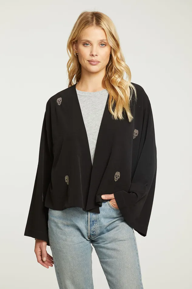 Chaser Brand Outerwear Womens Beaded Skulls Open Bed Jacket
