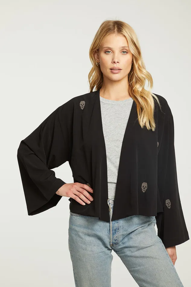 Chaser Brand Outerwear Womens Beaded Skulls Open Bed Jacket