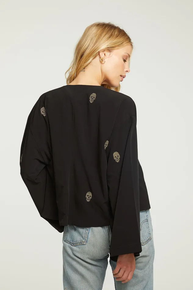 Chaser Brand Outerwear Womens Beaded Skulls Open Bed Jacket