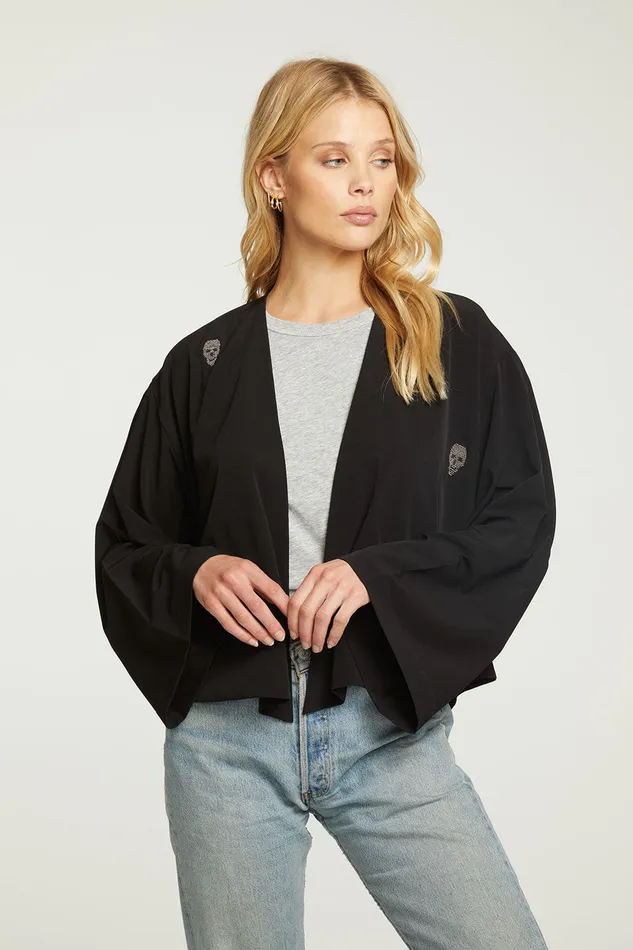 Chaser Brand Outerwear Womens Beaded Skulls Open Bed Jacket