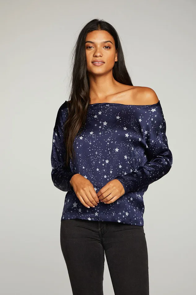 Chaser Brand Stretch Silky Basics Off Shoulder Long Sleeve Drop Shoulder Womens Tops