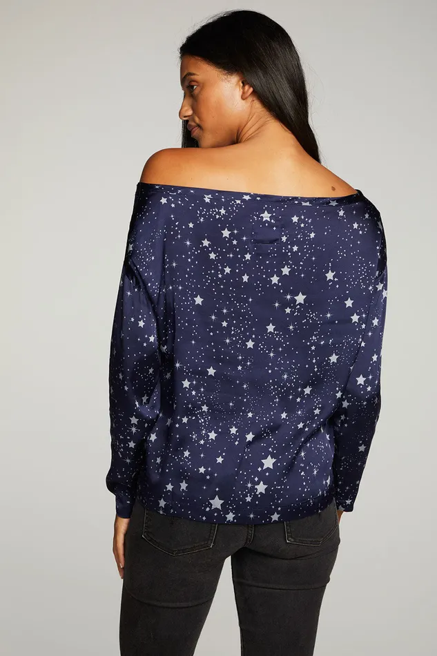 Chaser Brand Stretch Silky Basics Off Shoulder Long Sleeve Drop Shoulder Womens Tops