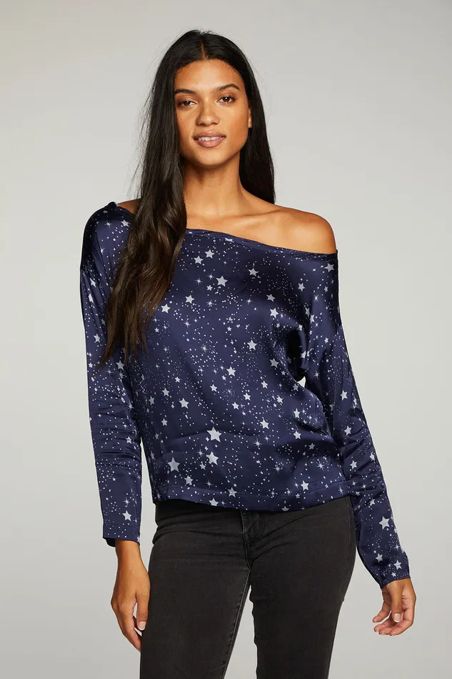 Chaser Brand Stretch Silky Basics Off Shoulder Long Sleeve Drop Shoulder Womens Tops
