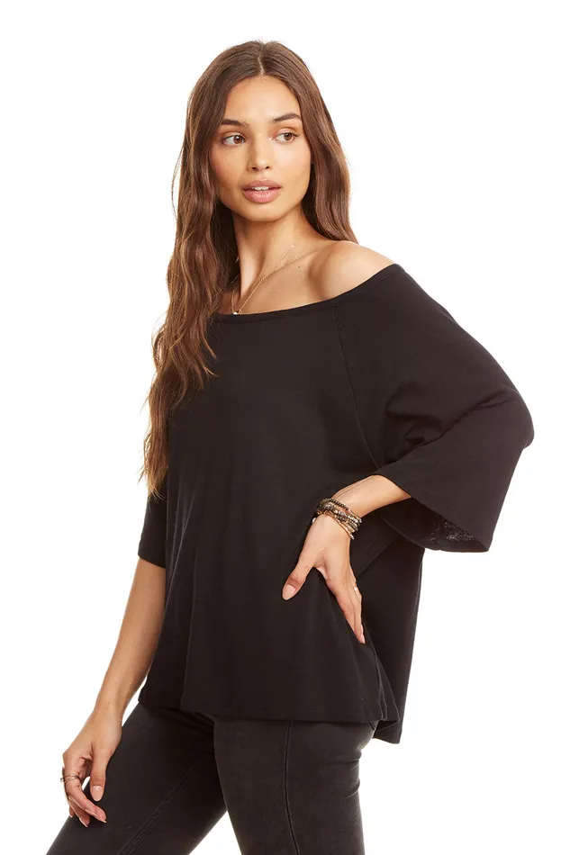 Chaser Brand Three Quarter Sleeve Off Shoulder Raglan Tee Womens Loungewear