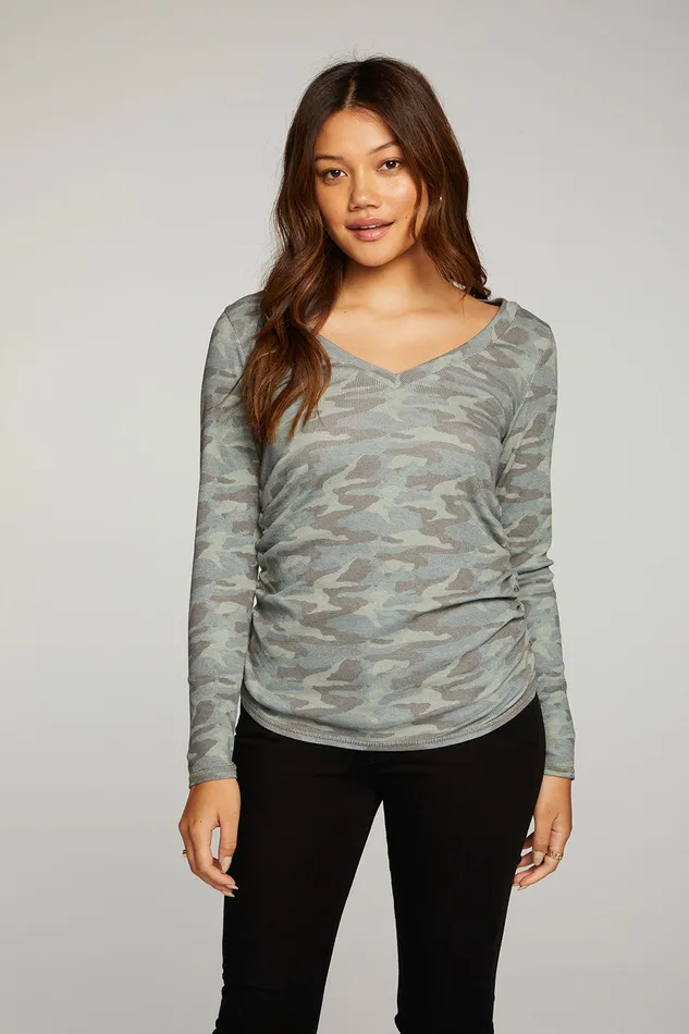 Chaser Brand Tops Womens Rpet Vintage Rib Long Sleeve Deep V Neck Tee With Shirring