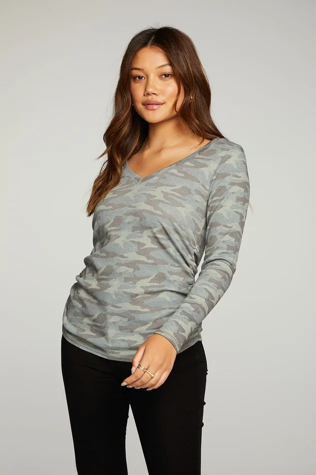 Chaser Brand Tops Womens Rpet Vintage Rib Long Sleeve Deep V Neck Tee With Shirring